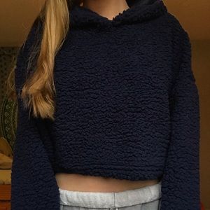 Navy Blue Sherpa Hoodie (Crop)